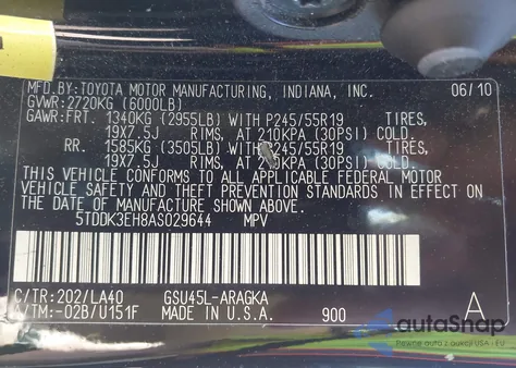 2010 Toyota Highlander Limited V6 из США, поврежденный, VIN 5TDDK3EH8AS029644